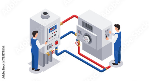 Isometric smart home heating system with technicians