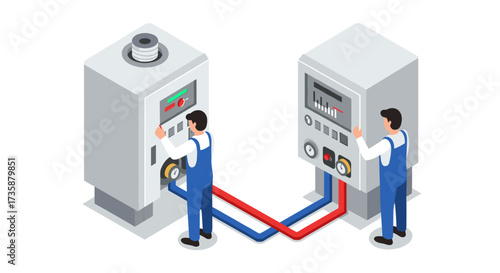 Technicians operating industrial machines with control panels in isometric design