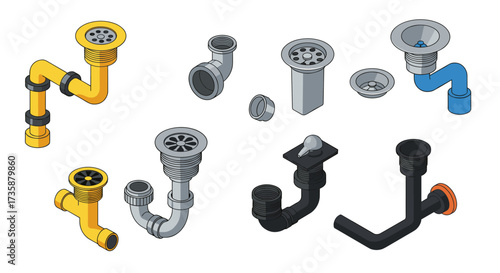 Isometric plumbing fixtures collection diverse sink and drain pipe designs