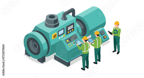 Industrial machinery operated by engineers in isometric design
