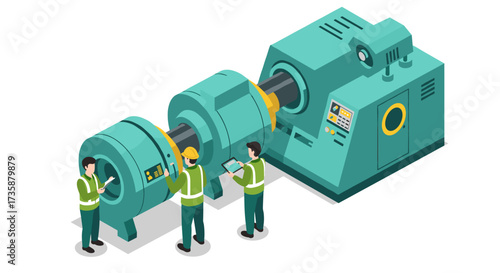 Industrial machine maintenance with engineers in isometric style