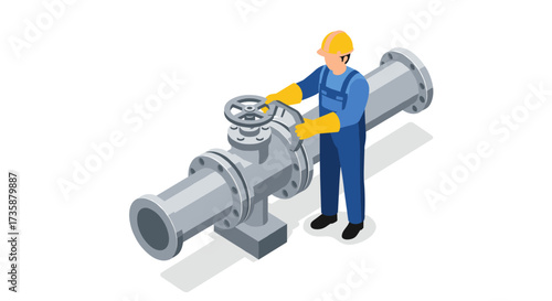 Industrial worker in safety gear operating large pipeline in isometric style