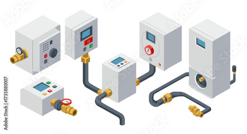 Modern industrial heating systems with isometric pipes and control panels