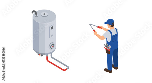 Isometric technician working on water heater installation in modern style