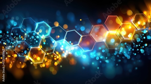 A colorful, abstract image of hexagons in blue, red, and yellow. The colors are bright and the shapes are irregular, creating a sense of movement and energy