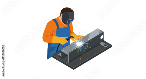 Isometric welding worker with protective gear and industrial equipment