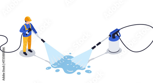 Isometric worker using pressure washer for cleaning surfaces