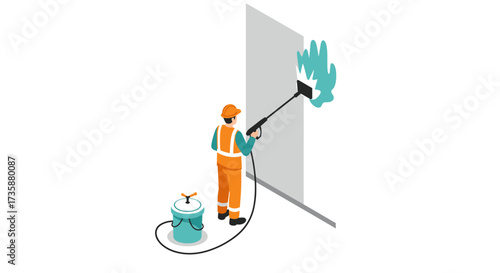 Worker using pressure washer to clean wall in isometric style