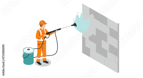 Worker power washing brick wall in isometric style with safety gear and equipment