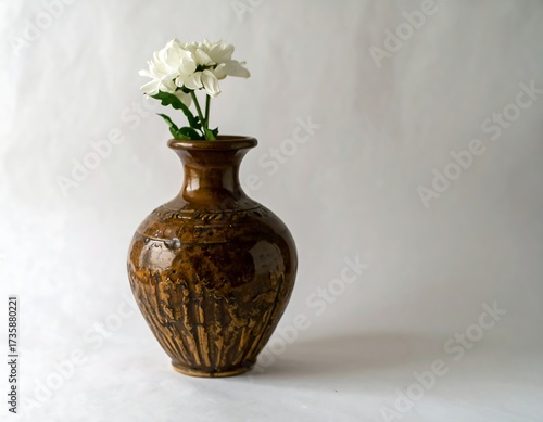 Brown vase with white flower