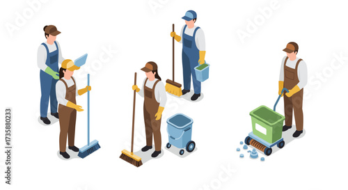 Cleaners in uniform using tools and equipment in isometric style