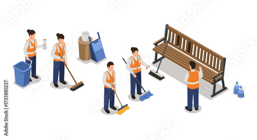 Isometric park maintenance scene with workers and cleaning equipment