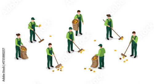 Isometric fall cleanup crew workers raking leaves in autumn scene