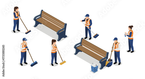 Isometric park cleaning crew workers maintaining benches with brooms and trash cans