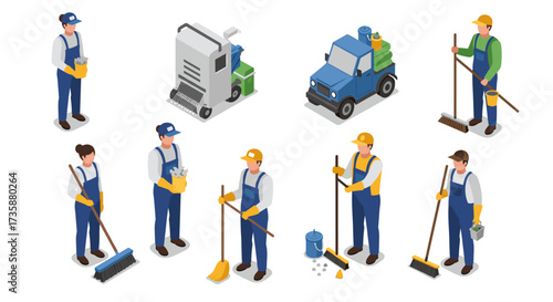 Isometric people cleaning workers, equipment, and tools for urban maintenance