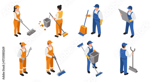 Isometric cleaning workers with tools in uniforms performing various tasks