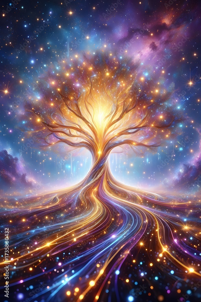 Obraz premium Celestial tree of life with glowing roots and stars in a vibrant galaxy background