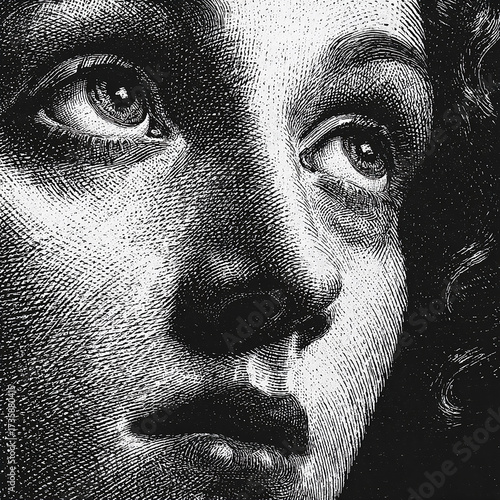Woman’s Face Close-Up – Woodcut Engraving Portrait