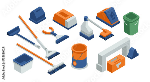 Isometric cleaning tools collection with brushes, brooms, and buckets