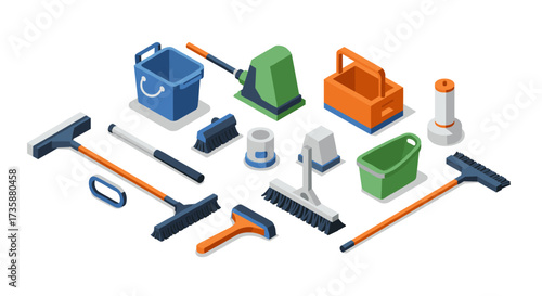 Isometric cleaning tools set with buckets, mops, and brushes in flat design