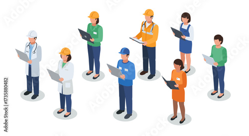 Diverse group of professionals in isometric design highlighting various occupations