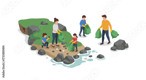 Family beach cleanup in isometric style promoting environmental awareness