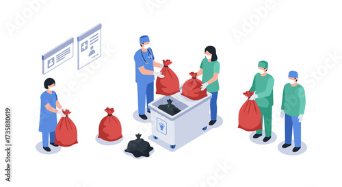 Healthcare waste management team sorting medical waste in red bags