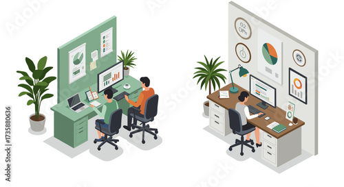 Office workspace isometric design with modern desks and technology