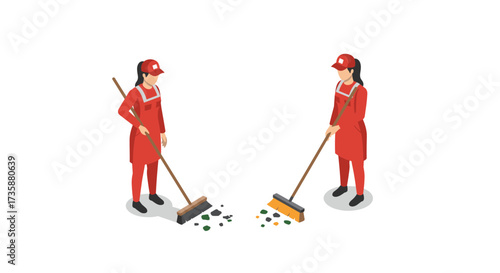 Isometric cleaning workers sweeping in uniforms