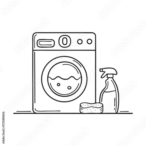 A washing machine close to a sink with a sponge and cleaning spray
