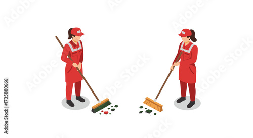 Isometric female cleaners sweeping floor with brooms on white background