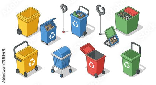 Colorful 3d isometric recycling bins and tools for ecofriendly waste management