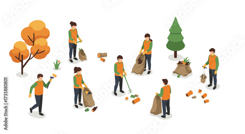 Community cleanup isometric design volunteers collecting litter in a park