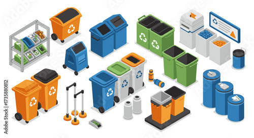 Isometric recycling bins and waste sorting stations for effective environmental management