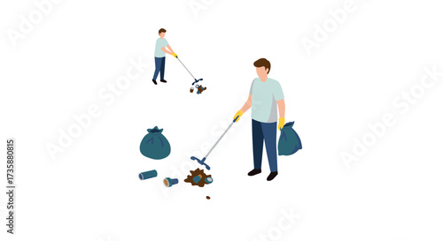 Community cleanup activity featuring people collecting trash with litter pickers in isometric style