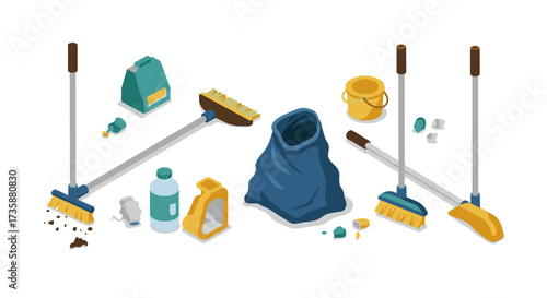 Isometric cleaning tools with brooms, dustpan, and cleaning supplies on white background