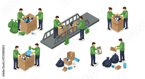 Sustainable waste management concept with people sorting recyclable materials in an isometric design