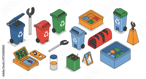 Isometric recycling bins and tools with waste separation accessories for ecofriendly activities