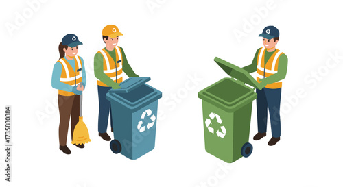 Recycling workers in safety gear with bins in isometric style