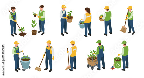 Isometric gardening workers planting and caring for plants in various activities