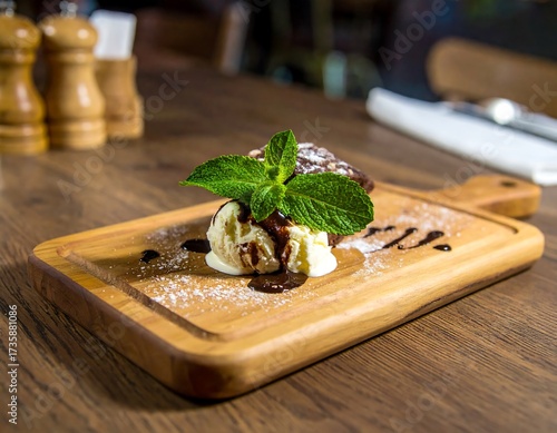 Brownie sundae on wooden board