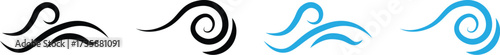 Wind air line effect in doodle style. Wind blow line icon set. sea wave icon, wind blowing icon. Blue and black hand drawn wind swirls and gusts. Decorative breeze symbols for weather, nature, and cli