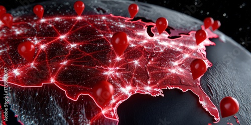 3D Visualization of Network Connections Over the United States Illustrating Digital Communication and Data Flow