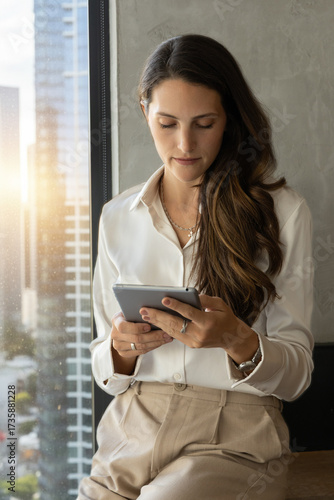 A professional woman in a white blouse and beige trousers stands by a large office window, holding and using a tablet