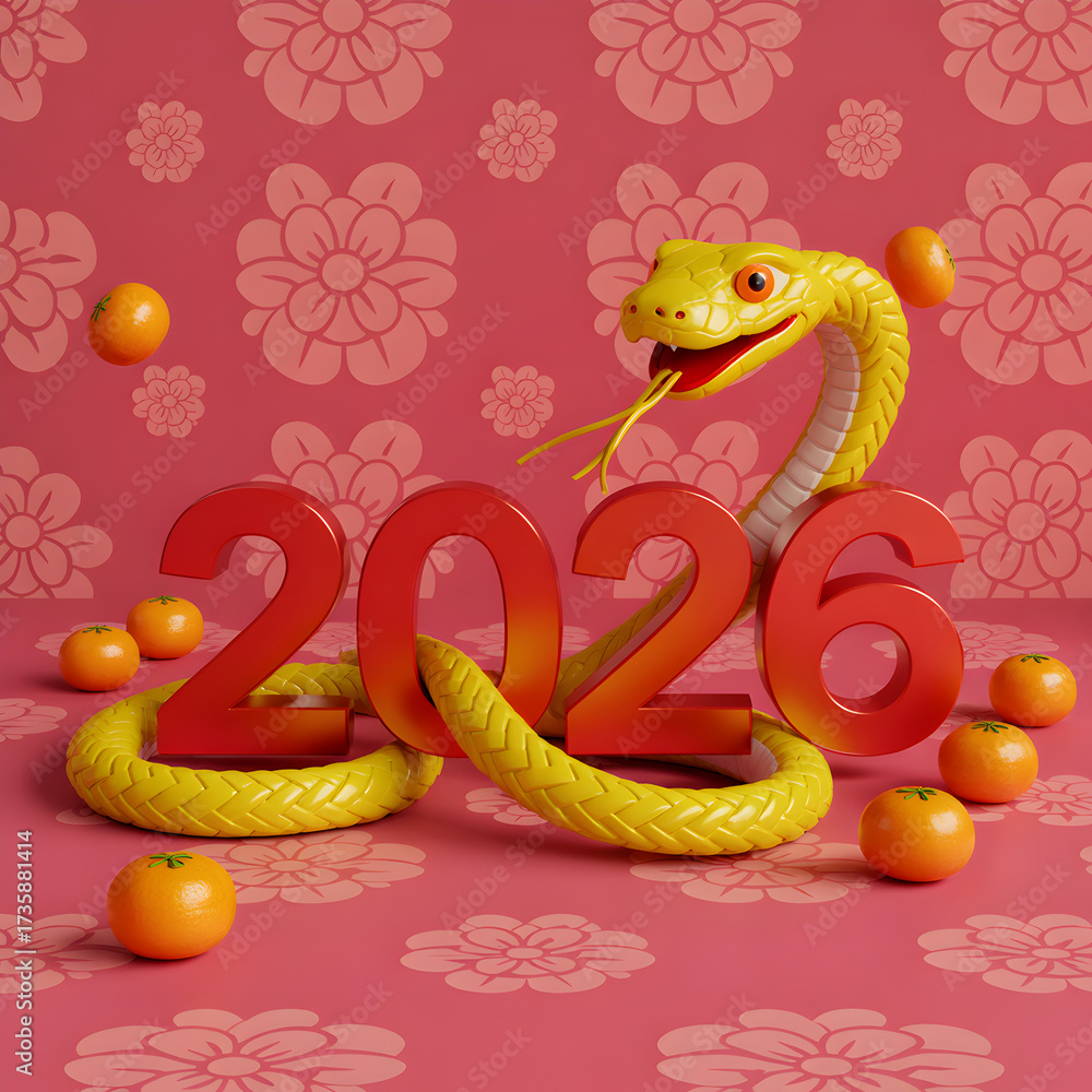 Fototapeta premium Year of the snake 2026 with snake figure and mandarin orange decoration