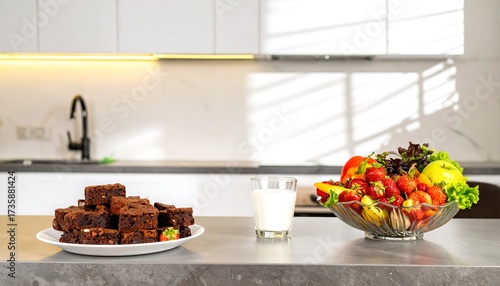 Brownies and fruit in a modern kitchen