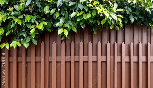 Brown wooden fence with lush greenery