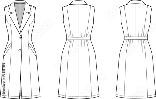 CAD drawing flat vector illustration, sleeveless trench coat dress front and back view, technical fashion sketch for designers