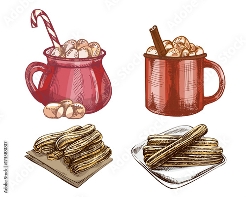 Hand drawn vintage sketch of hot chocolate with marshmallows in red mugs and churros dessert, color version, vector illustration