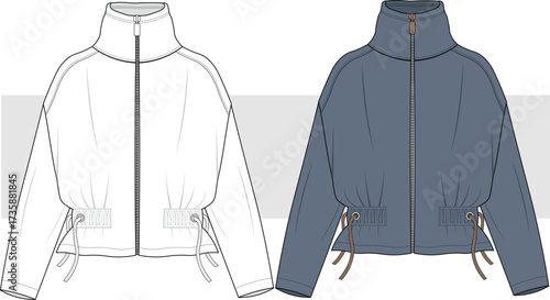 Women's loose fit zipper jacket fashion technical drawing, illustration. Oversize sweatshirt jacket vector. Flat sketch front view, CAD, MOCKUP.
